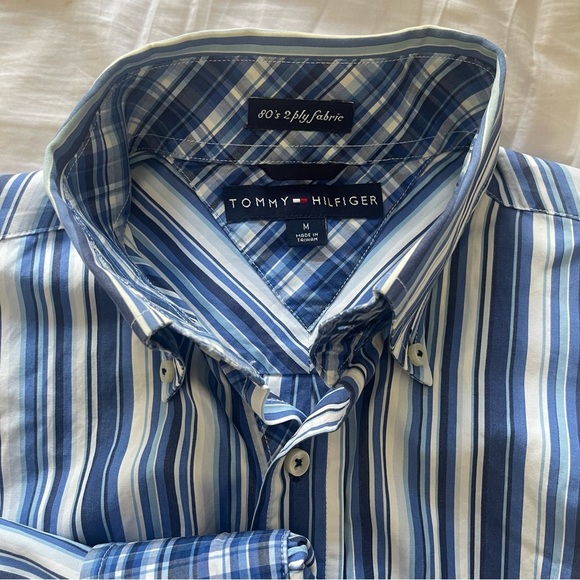 TOMMY HILFIGER - Vintage 80s - Men’s - L/S Casual Dress Shirt - M - Blue Striped - Picture 5 of 7